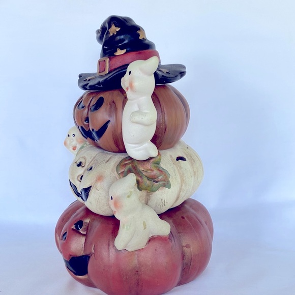 Gently Used Spooky Pumpkin Three Tiers Ceramic Candle Holder Halloween Decor - Picture 2 of 8